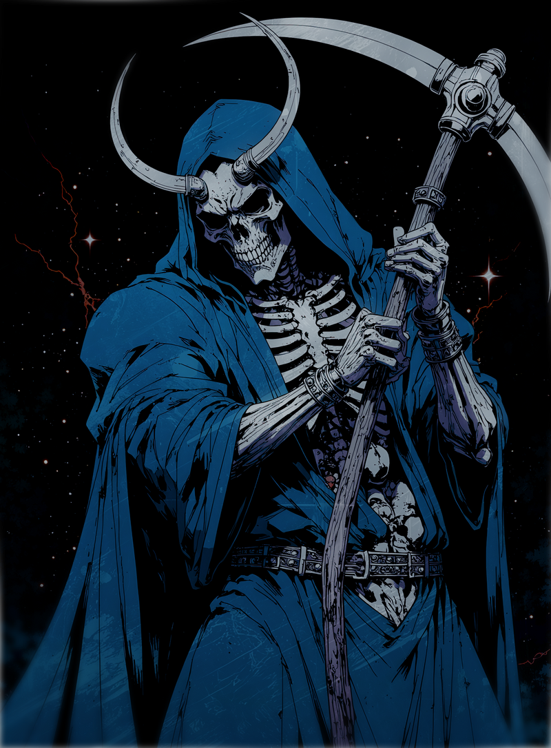 Skeletal figure in a blue robe holding a scythe against a dark background
