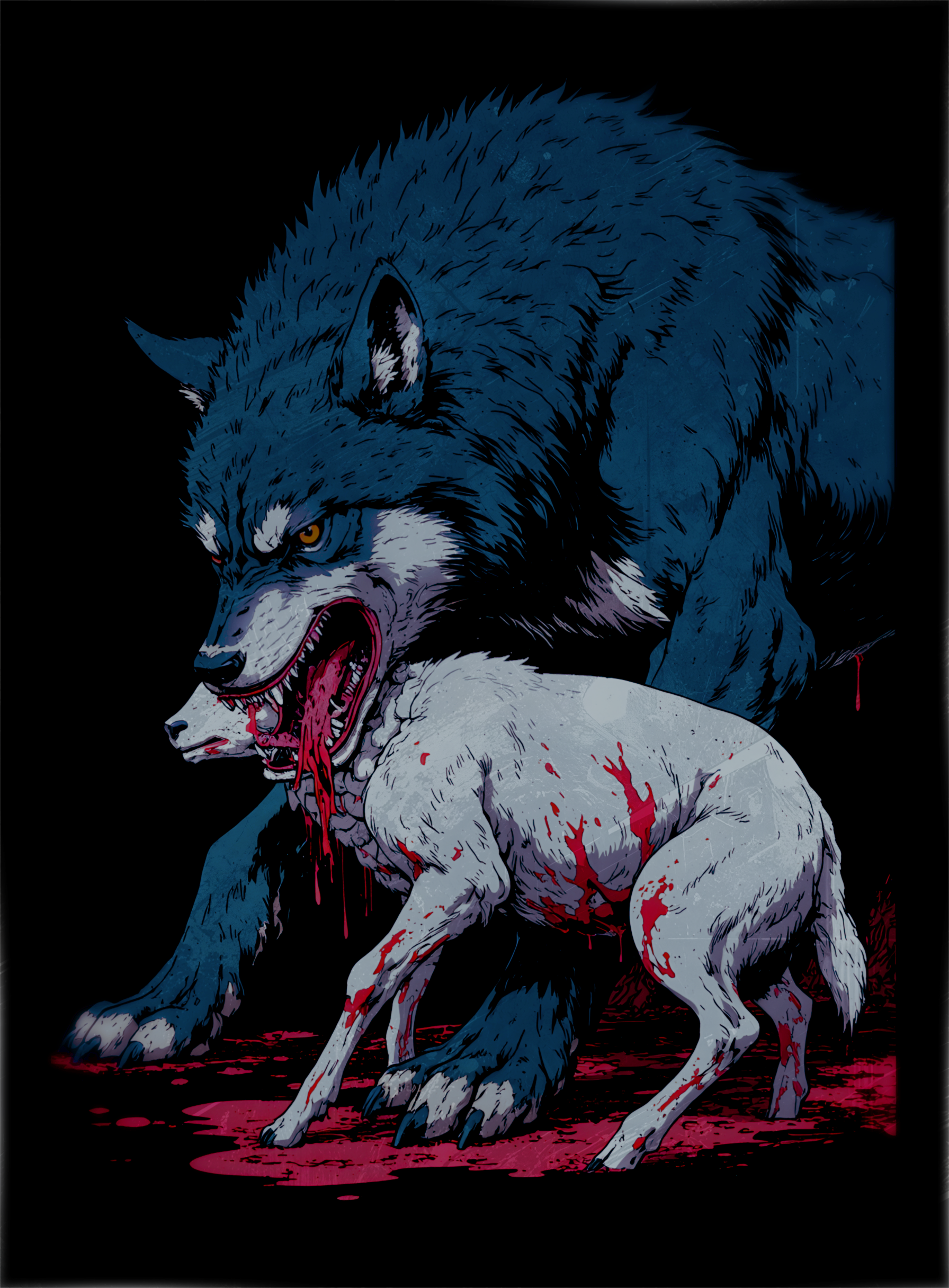 Two wolves, one blue and one white with red markings, on a black background.