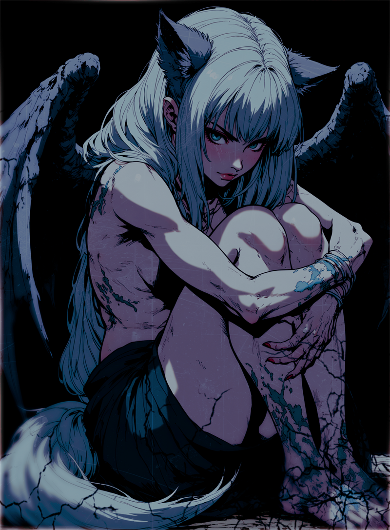 Anime-style character with angelic and demonic features, sitting on a dark background.