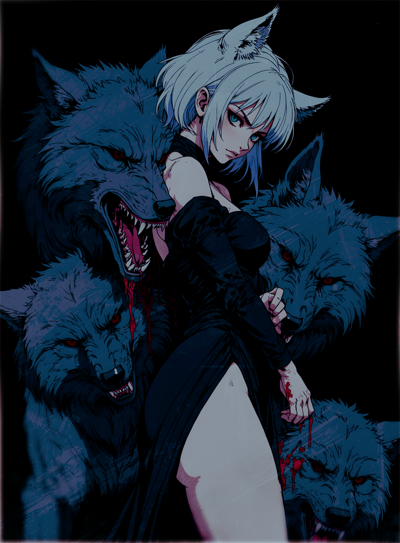 Anime character with white hair and fox-like ears surrounded by wolves in a dark setting