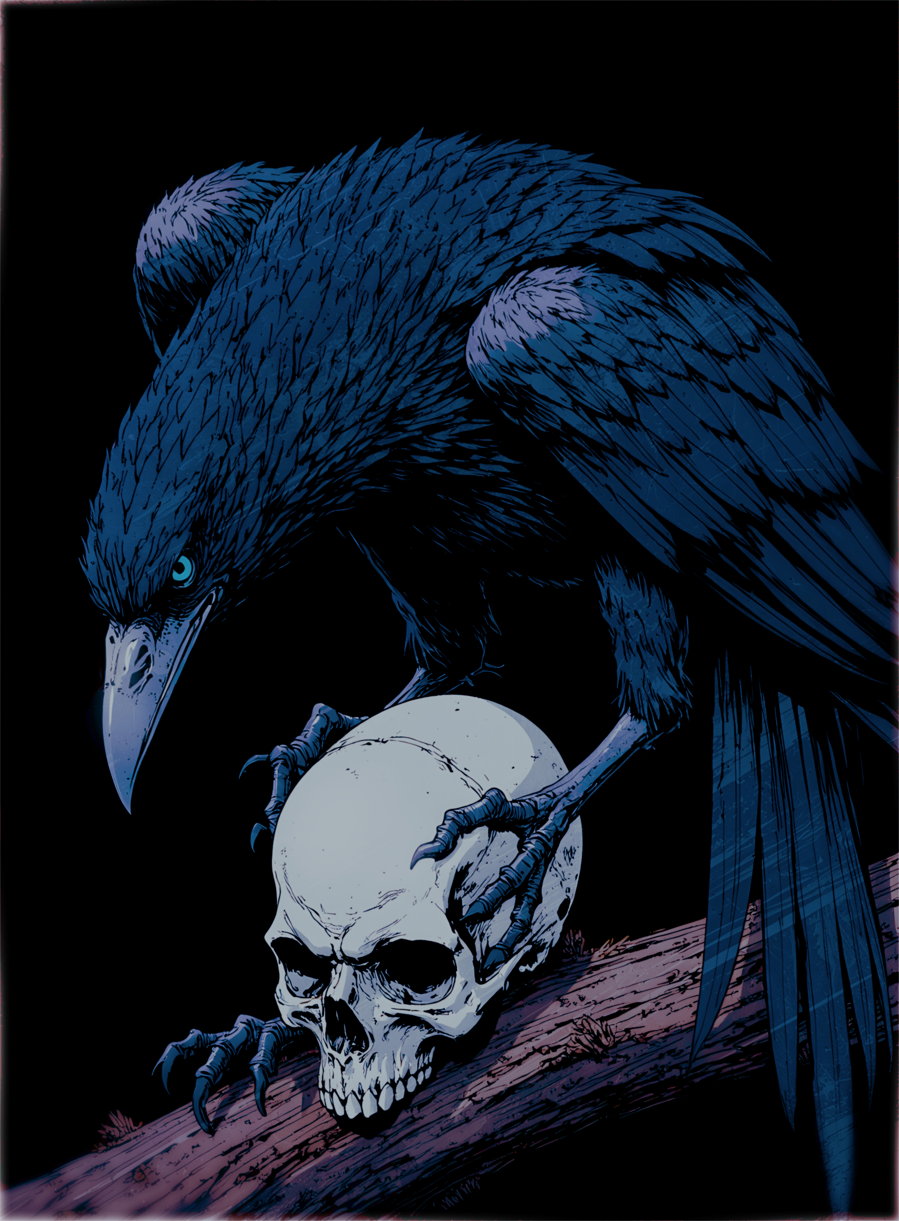 Blue raven perched on a skull against a black background