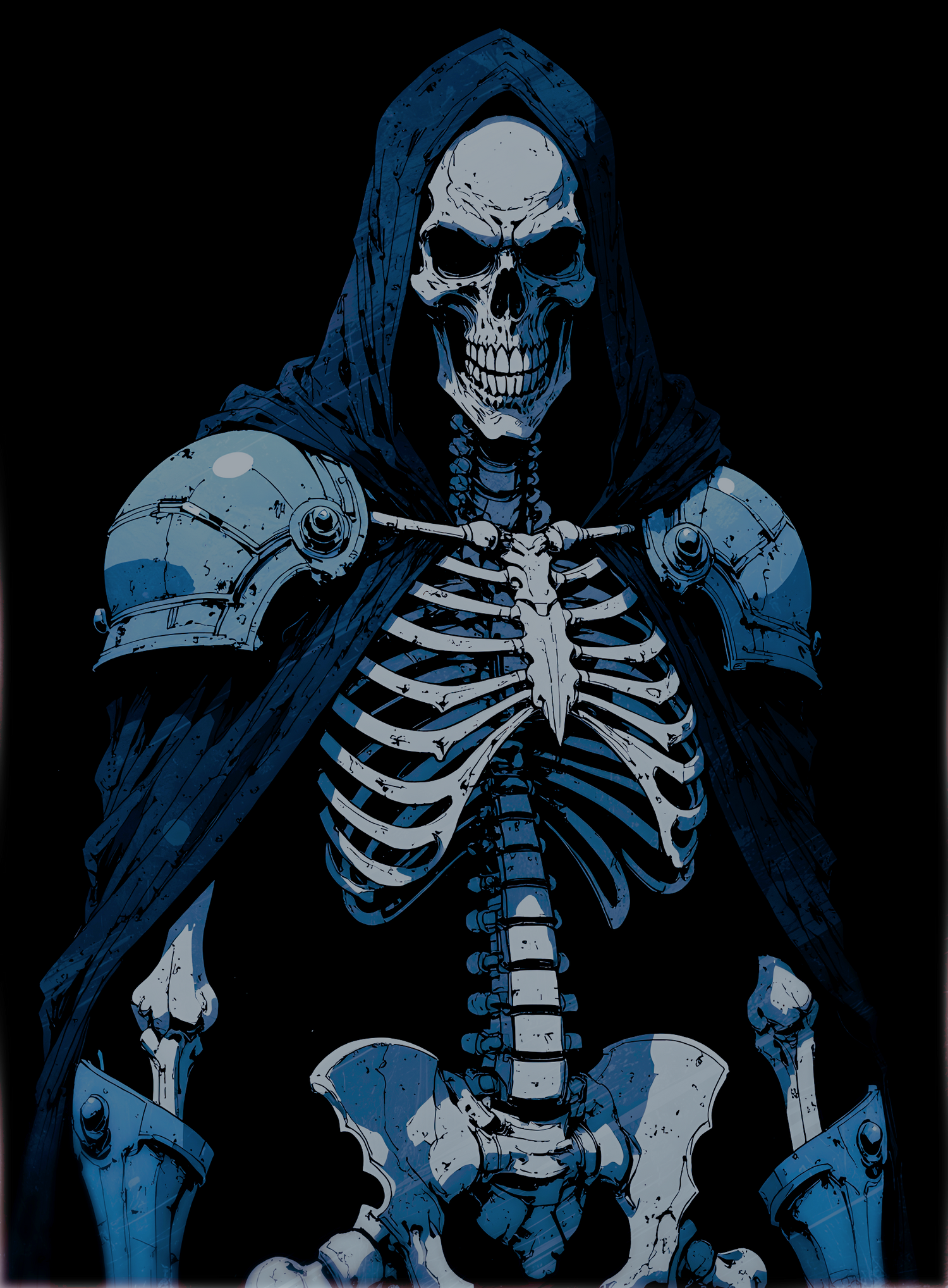 Skeletal figure with a hooded cloak on a black background